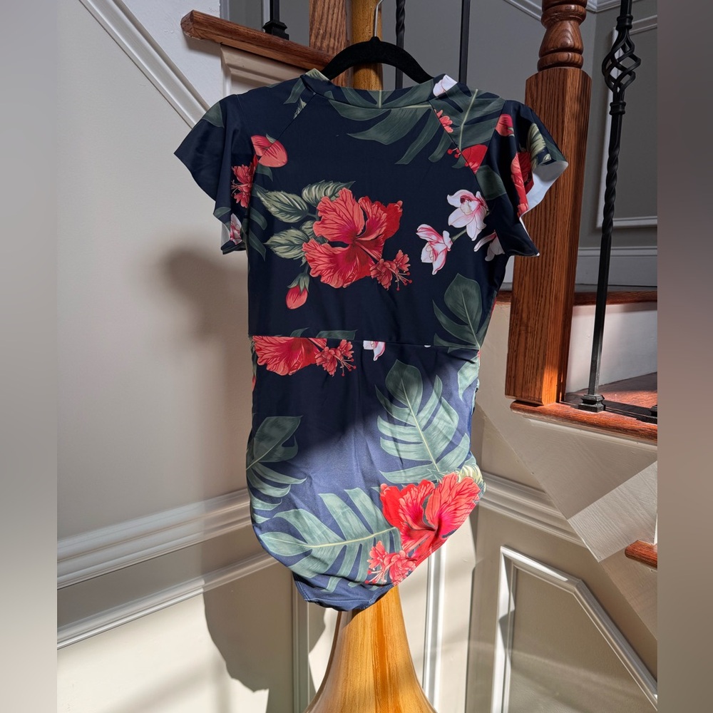 Floral Navy swimsuit with Red and Green Accents